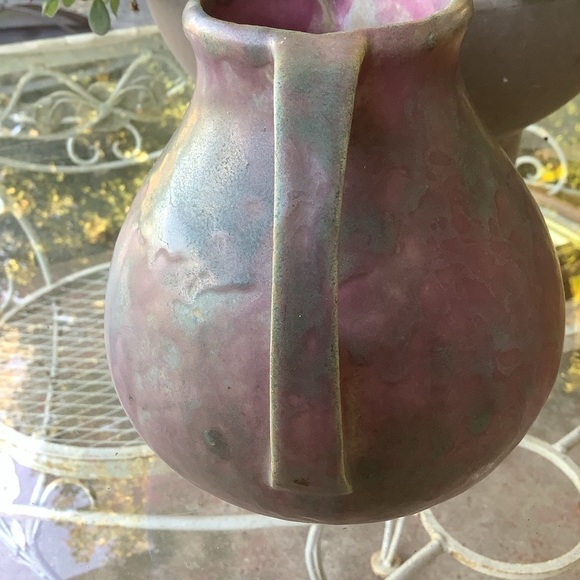 Vintage Greenish Gray Pink Glazed Two Handle Pottery Vase - Picture 3 of 8